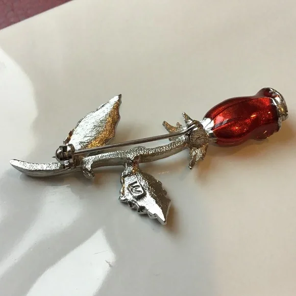 Vintage Enameled Rose Pin Flower Brooch Signed Silver Tone - Picture 9 of 10